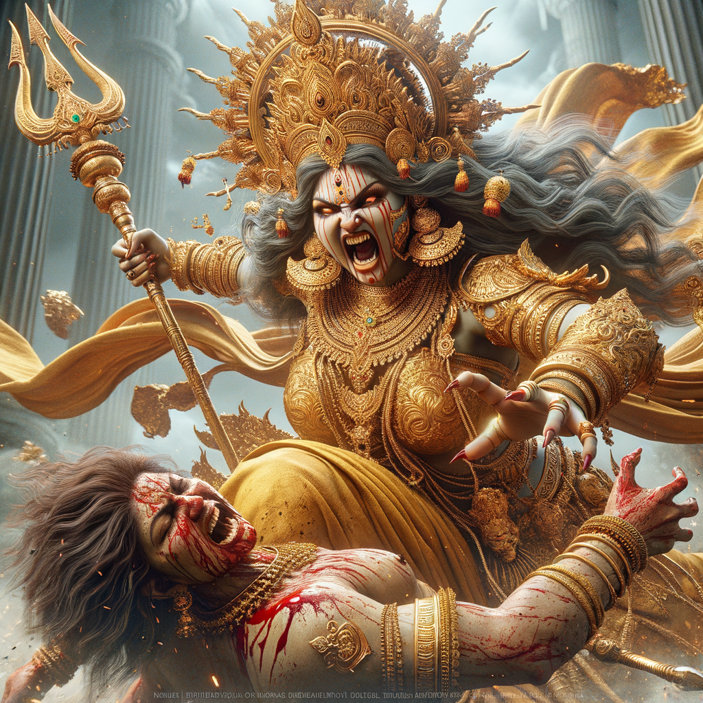 portrait of angry looking, indian goddess lunging at a weak mahishasur with a trident in her hand. She is wearing gold armor, a huge gold crown, gold saree, abundant  gold jewelry, covered in blood. The scene is set in ancient India. The image is 8K resolution, cinematic, photography, ultra detailed face and epic.