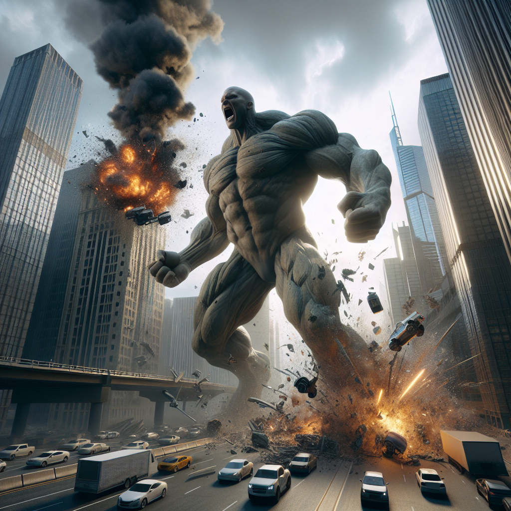 Generate a hyper-realistic image of a menacing, muscular, bald giant exhibiting superhuman strength as he effortlessly throws cars at skyscrapers, igniting colossal explosions and sending a vivid cascade of debris sprawling across the city skyline.