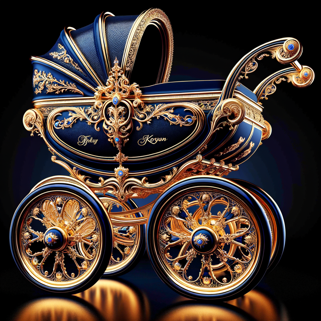 "Design an elaborate baby carriage fit for royalty, with an elegant royal blue body and shimmering gold details. The carriage features exquisite golden ornamentation, with wheels that are masterpieces of craftsmanship, adorned with intricate lace-like filigree patterns. On the side panel of the carriage, the name 'Karen' is inscribed in an ornate, golden script that matches the opulence of the vehicle. The interior is visible, lined with a luxurious material that invites one to sit in comfort and style. The overall design exudes a sense of grandeur and fairytale magic, as if it has rolled out of a storybook page."