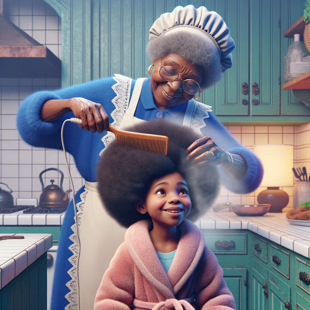 Create a realistic 3-D image of an african-American grandmother wearing a blue house dress and a white apron . She is in the kitchen with her african-American granddaughter. Her granddaughter is wearing a pink bath robe. The grandmother has a hot comb in her hand and she is straightening her granddaughters hair. One side of her granddaughters hair is in  a Afro the other straight 
There is smoke coming from the hot comb
The granddaughter is making a face