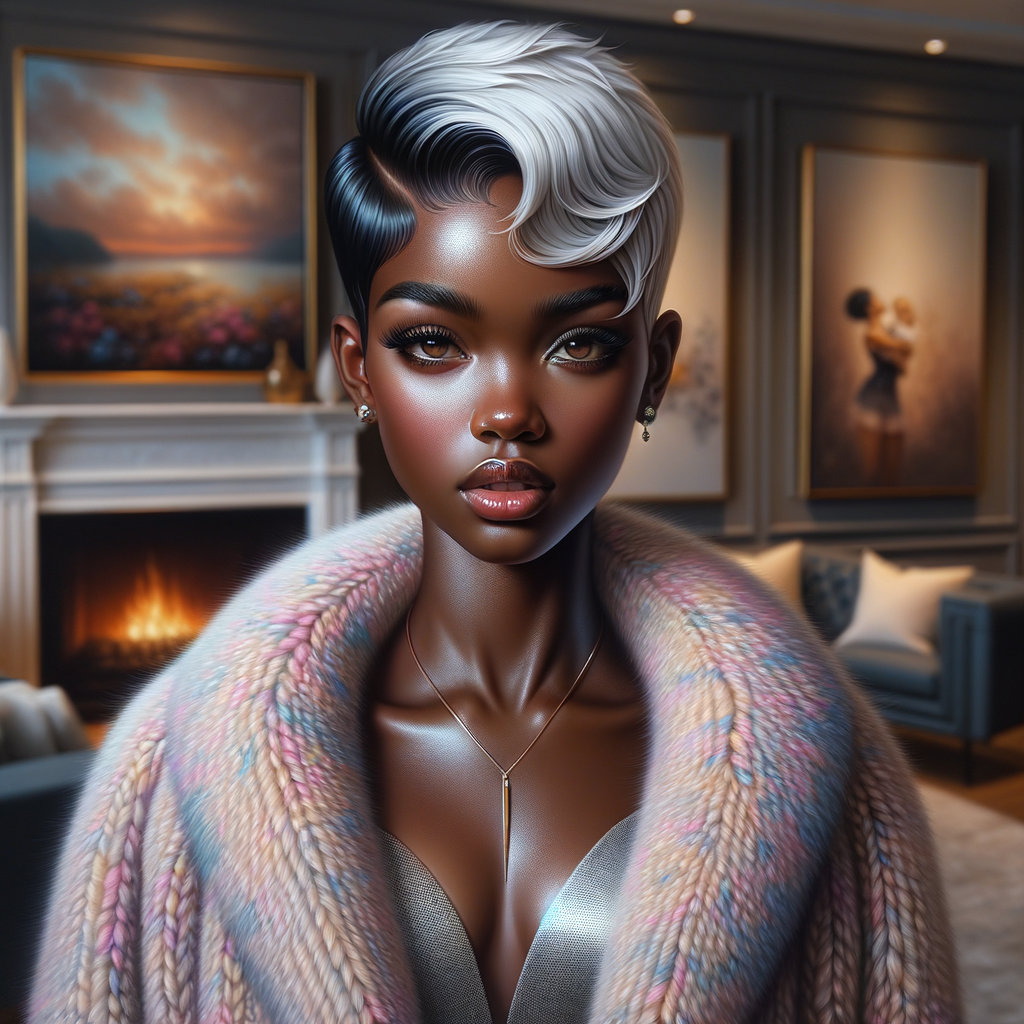 a full body veiw of a colorful gloss hyper realistic oil painting of a regal beautiful light skinned afro  American girlwith beautiful pixie cut one side of hair is black and the other side  of her hair white slick baby hair and furry white and pink and blue furry coat and outfit under the coat standing in living room with fireplace