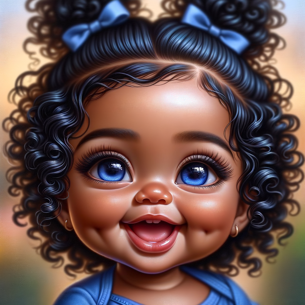 ultra realistic Chibi Style oil painting of Med olive skin  cute African-American American baby girl with deep deep dimples on both checks smiling huge, blue eyes, wearing a blue onesie two curly black pigtails with blue
 ribbons. crystal blue eyes. up-close view bokeh background

S/O Genae Kulah