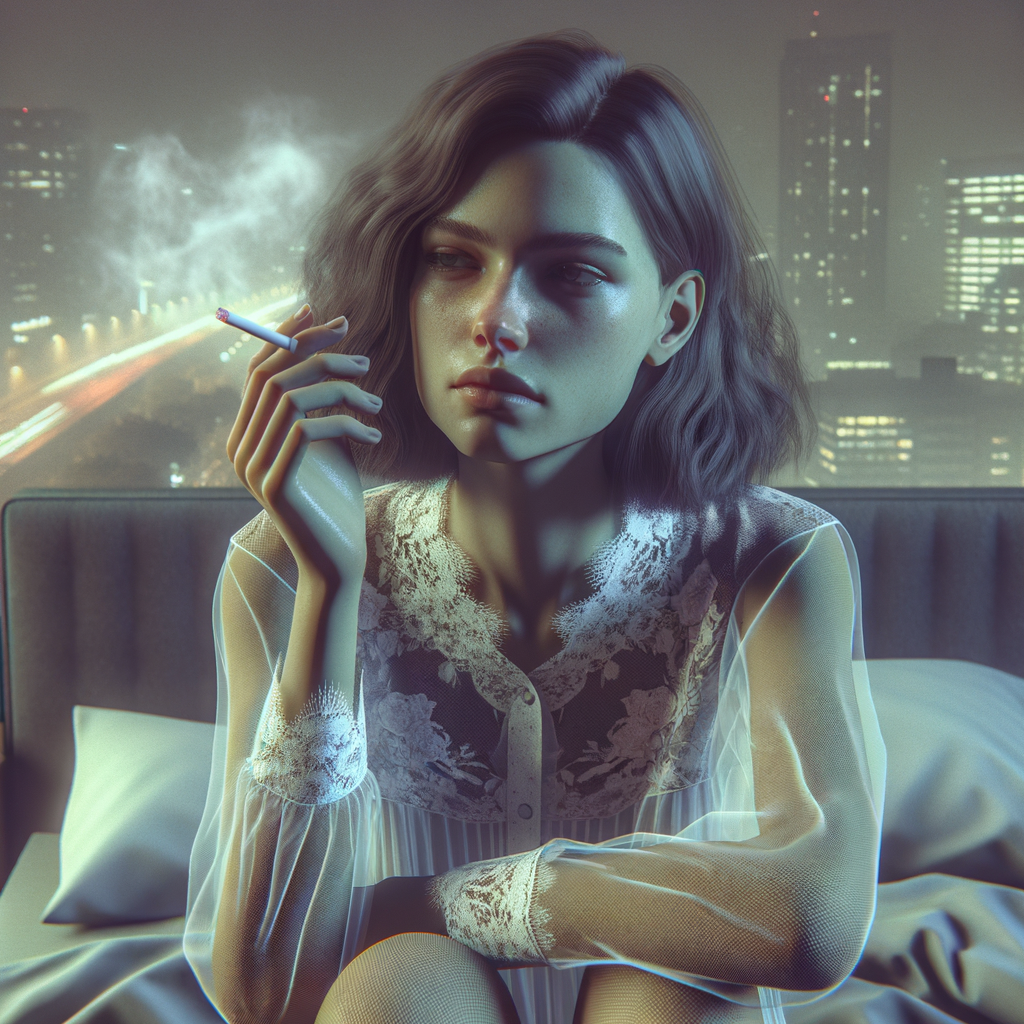 Young brunette woman in a sheer nightgown siting on her bed smoking a cigarette .