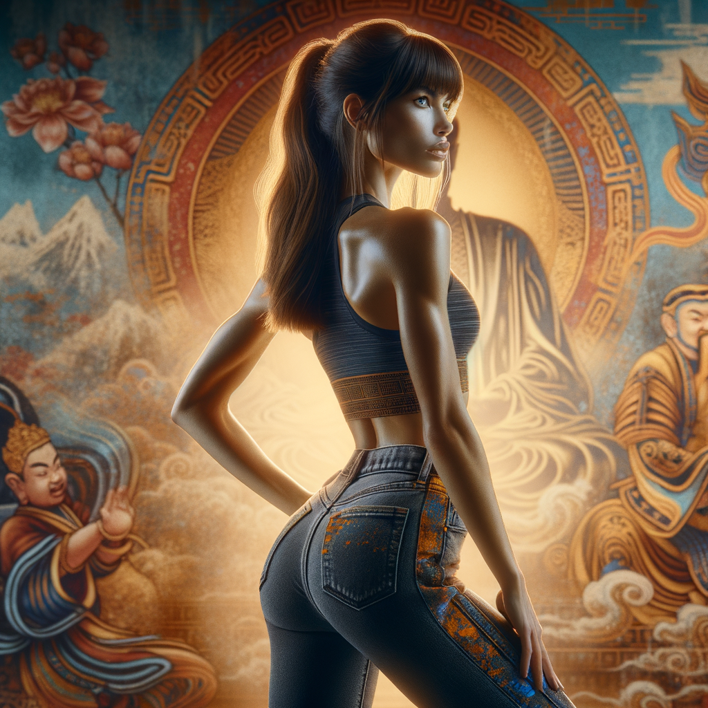 Athletic Thin skinny Attractive, Asian teenage girl, long brown hair and bangs, wearing tight skinny jeans and a halter top paint marks on her clothing, heroic pose Asian graffiti background, backside view