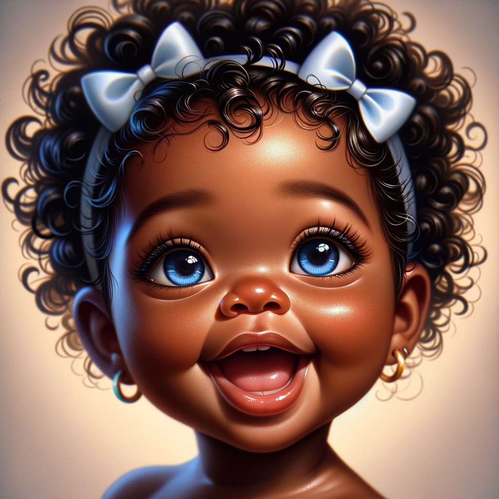 "Create a digital portrait of an adorable african-American baby girl with a joyful expression. Her big, bright blue eyes are wide with wonder, and her tiny mouth is shaped in a happy grin. Her skin has a warm, honey-brown tone, and she has an abundance of curly black hair, playfully tied up with light blue bows. The background is soft and neutral to keep the focus on her delightful features. The portrait should be vibrant and heartwarming, celebrating the innocence and charm of childhood."