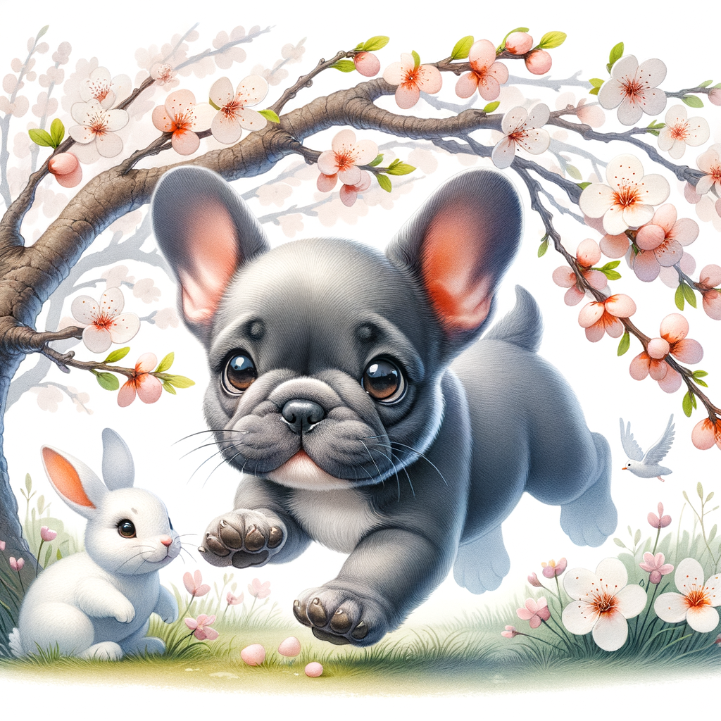 A whimsical, folksy art image of a mischievous little grey french bulldog with very big eyes playing under blossom tree branches, add white Easter rabbit, fantasy art, watercolour