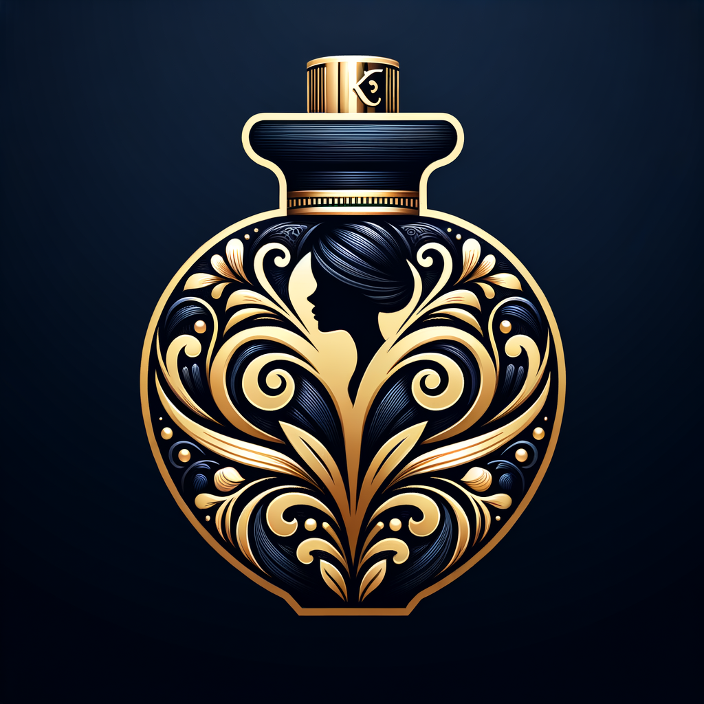 Design, a black and gold perfume bottle in the shape of a woman’s body with flowers and the name Karen