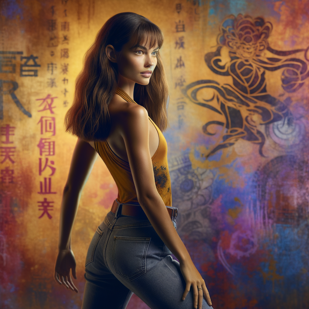 Athletic Thin skinny Attractive, Asian teenage girl, long brown hair and bangs, wearing tight skinny jeans and a halter top paint marks on her clothing, heroic pose Asian graffiti background, backside view