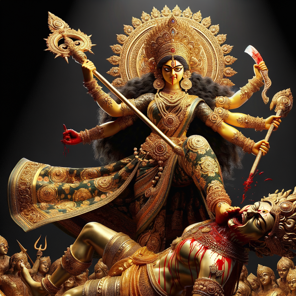 portrait of angry looking goddess durga placing her foot on a defeated mahishasur. She is wearing gold armor, a huge gold crown, gold saree, abundant  gold jewelry, covered in blood. The scene is set in ancient India. The image is 8K resolution, photography, cinematic, ultra detailed face and epic