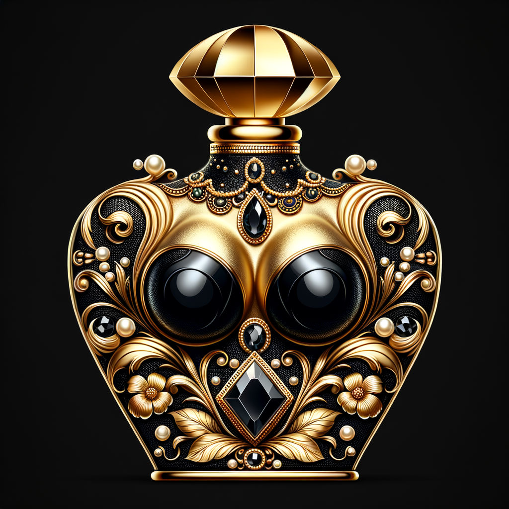 Design a fancy, black and gold bottle of perfume in the shape of a woman’s body. With a golden diamond top, flowers pearls and Diamonds in the name, Karen