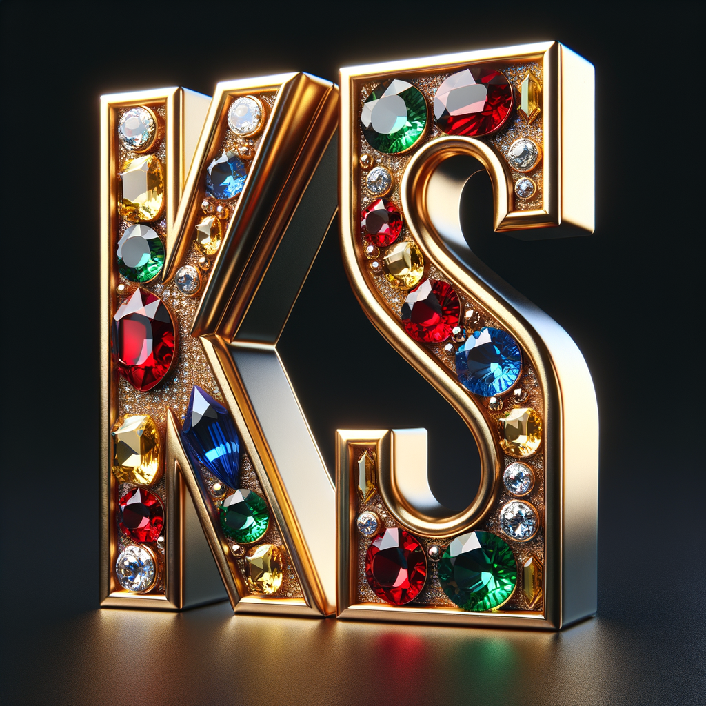 Create a 3-D realistic image with the letters  K.S. in gold raised letters , Add diamonds and colorful jewels