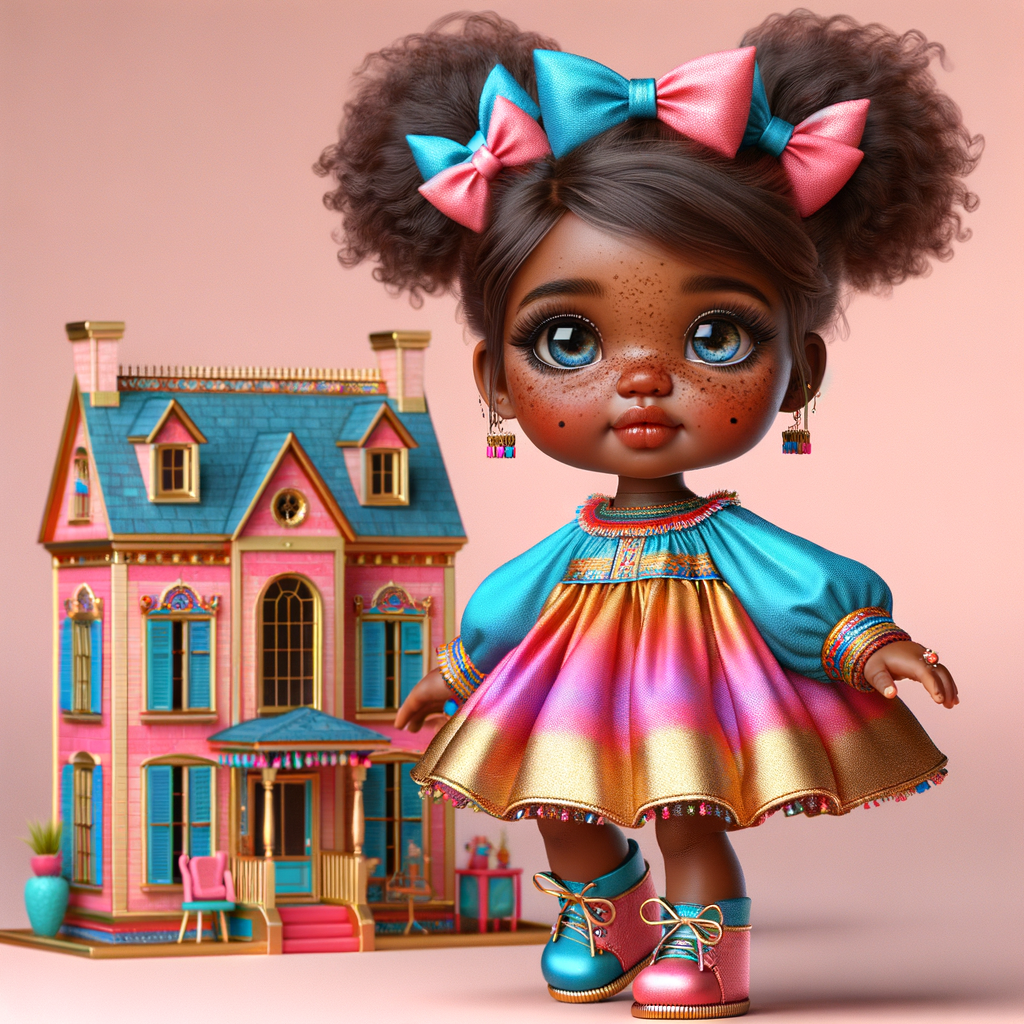 Design a 3-D realistic original African-American Cabbage Patch doll. She has on a blue pink and gold dress with matching booties. She has pink and blue bows in her hair. she lives inside of a colorful dollhouse. She has freckles and big dimples.