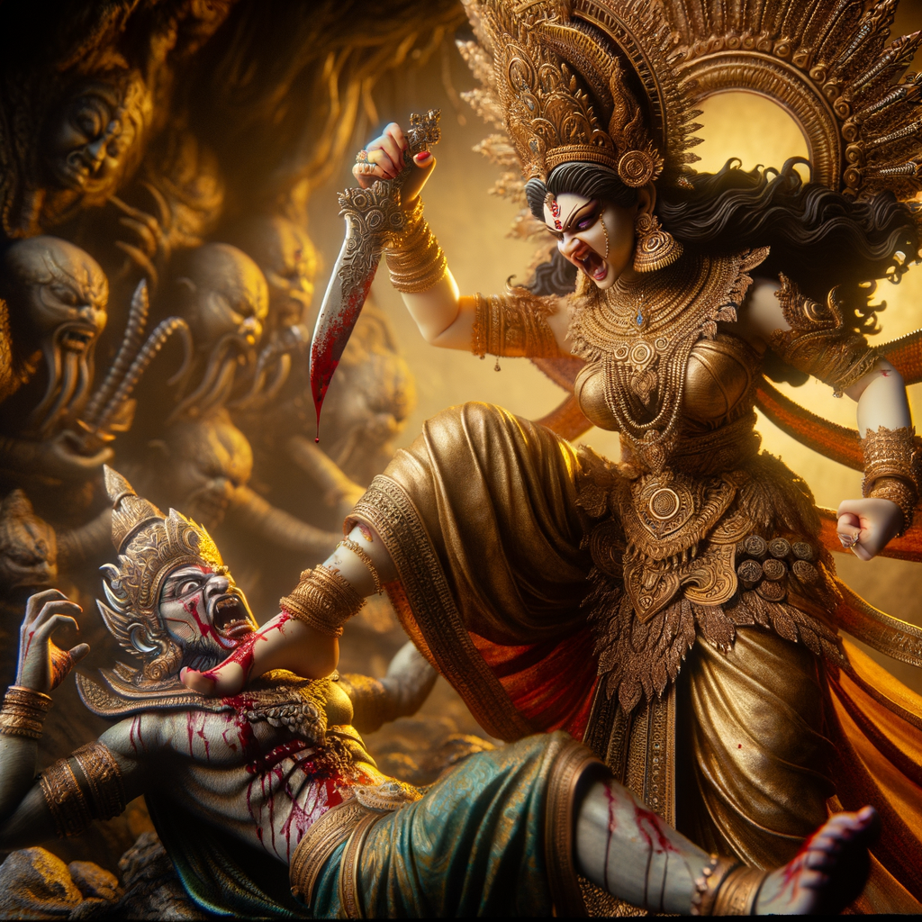 portrait of angry looking goddess durga pinning a weak mahishasur to the ground with her foot. She is wearing gold armor, a huge gold crown, gold saree, abundant  gold jewelry, covered in blood. The scene is set in ancient India. The image is 8K resolution, photography, cinematic, ultra detailed face and epic