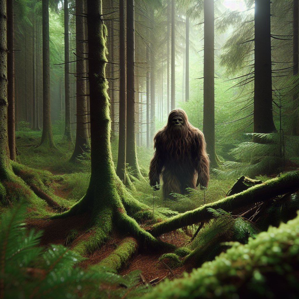 "Depict a humanoid, hair-covered creature resembling Bigfoot as it lurks in the dense forests of Germany."