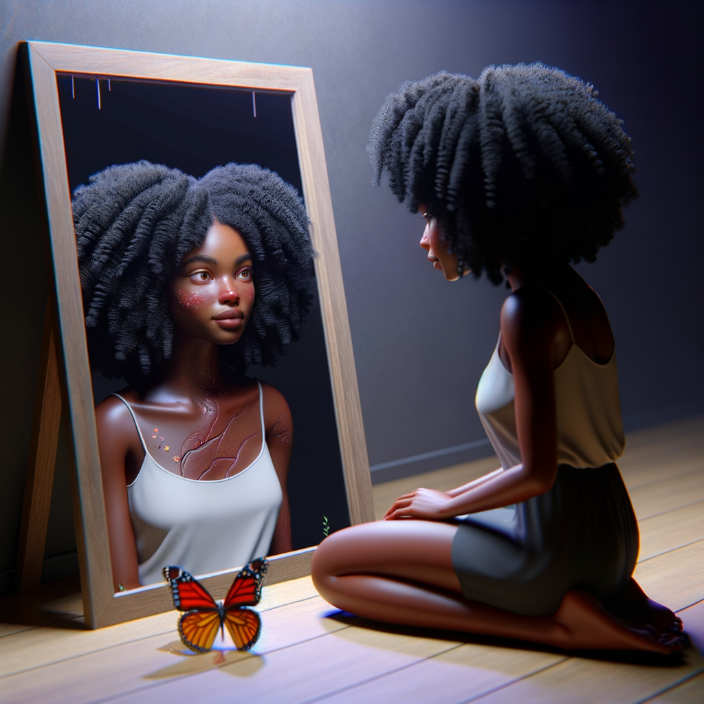 Create a 3-D realistic beautiful African-American  women with thick curly black hair
Looking at herself in the mirror, but the reflection she sees is a child, and she is no longer beautiful. She is ugly with scars. There is a fallen butterfly.