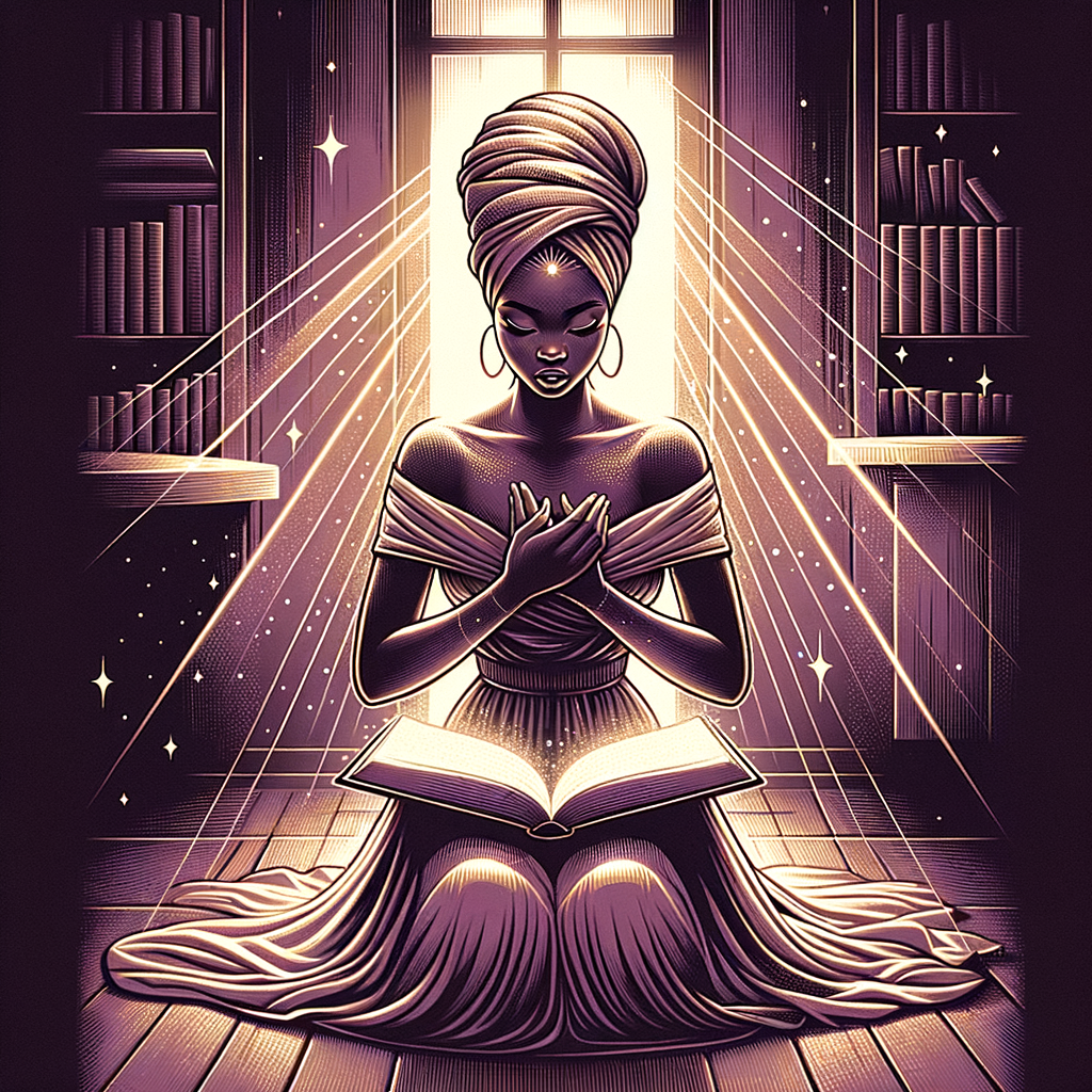 A contemporary art-style painting of an African American woman adorned in a headwrap, with an open book before her. She sits with hands clasped in prayer over her knees, depicted in a flat vector design. The scene is set in a cozy room bathed in sunlight streaming through a window, illuminated in shades of fluorescent purple and brown. She's dressed in a flowing gown, her skin exhibiting a radiant glow, encircled by a luminescent aura. The painting's edges feature a subtle smudge effect, adding to its charm, while mystical sparkles enhance the ambiance.