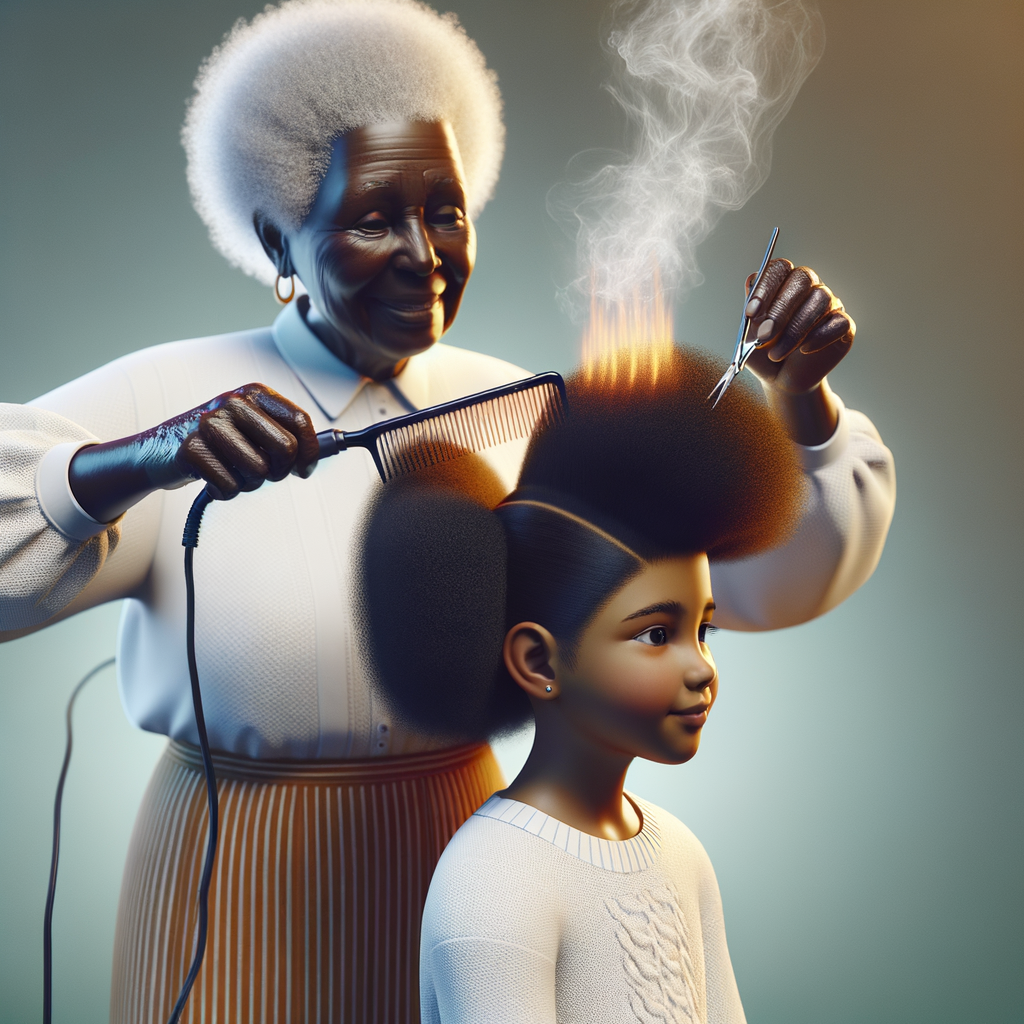 Create a realistic 3-D image of an african-American grandmother in the kitchen with her african-American granddaughter. The grandmother has a hot comb in her hair and she is straightening her granddaughters hair. One side of her granddaughters hair is in  a Afro the other is bone straight 
There is smoke coming from the hot comb