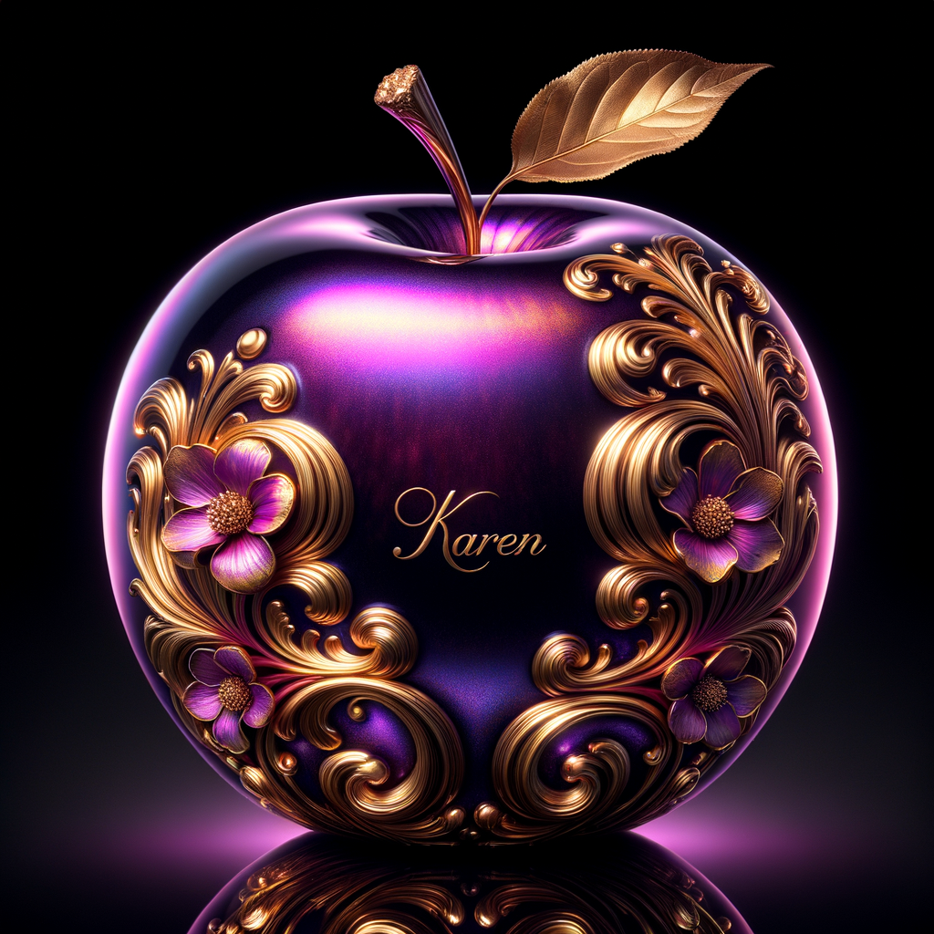 Envision a lustrous, oversized apple with a surface that gleams in a radiant shade of purple, as if lacquered to a high shine, reflecting light from its smooth, curvaceous form. The apple is adorned with elegant gold leaf patterns that swirl luxuriously around its contour, bringing a baroque opulence to its appearance. The stem, a bronzed sculpture in itself, supports a single leaf that seems to glow with an inner luminescence. At the apple’s base, a collection of flowers blooms, their petals softening the scene with organic shapes and colors that harmonize with the vibrant purple and gold. Incorporated into the metallic filigree in an artful script is the name "Karen," as if the apple were personally inscribed, enhancing the custom and bespoke quality of the piece.