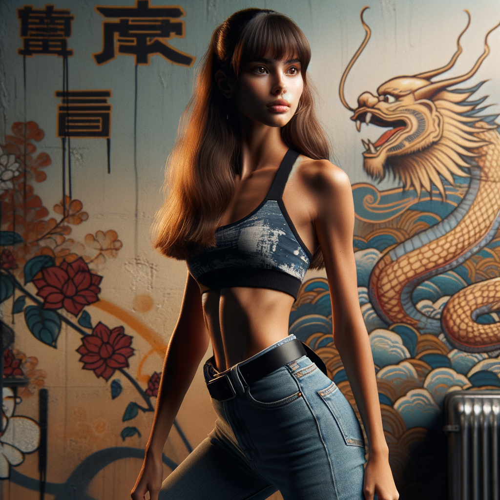 Athletic Thin skinny Attractive, Asian teenage girl, long brown hair and bangs, wearing tight skinny jeans and a halter top paint marks on her clothing, heroic pose Asian graffiti background, side view