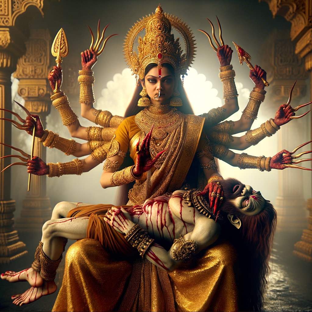 portrait of angry looking, four-armed indian goddess  sitting on a gold crown and carrying a weak mahishasur on her lap and poking his abdomen with her amazingly long red fingernails . She is wearing gold armor, a huge gold crown, gold saree, abundant  gold jewelry, covered in blood. The scene is set in ancient India. The image is 8K resolution, cinematic, photography, ultra detailed face and epic.