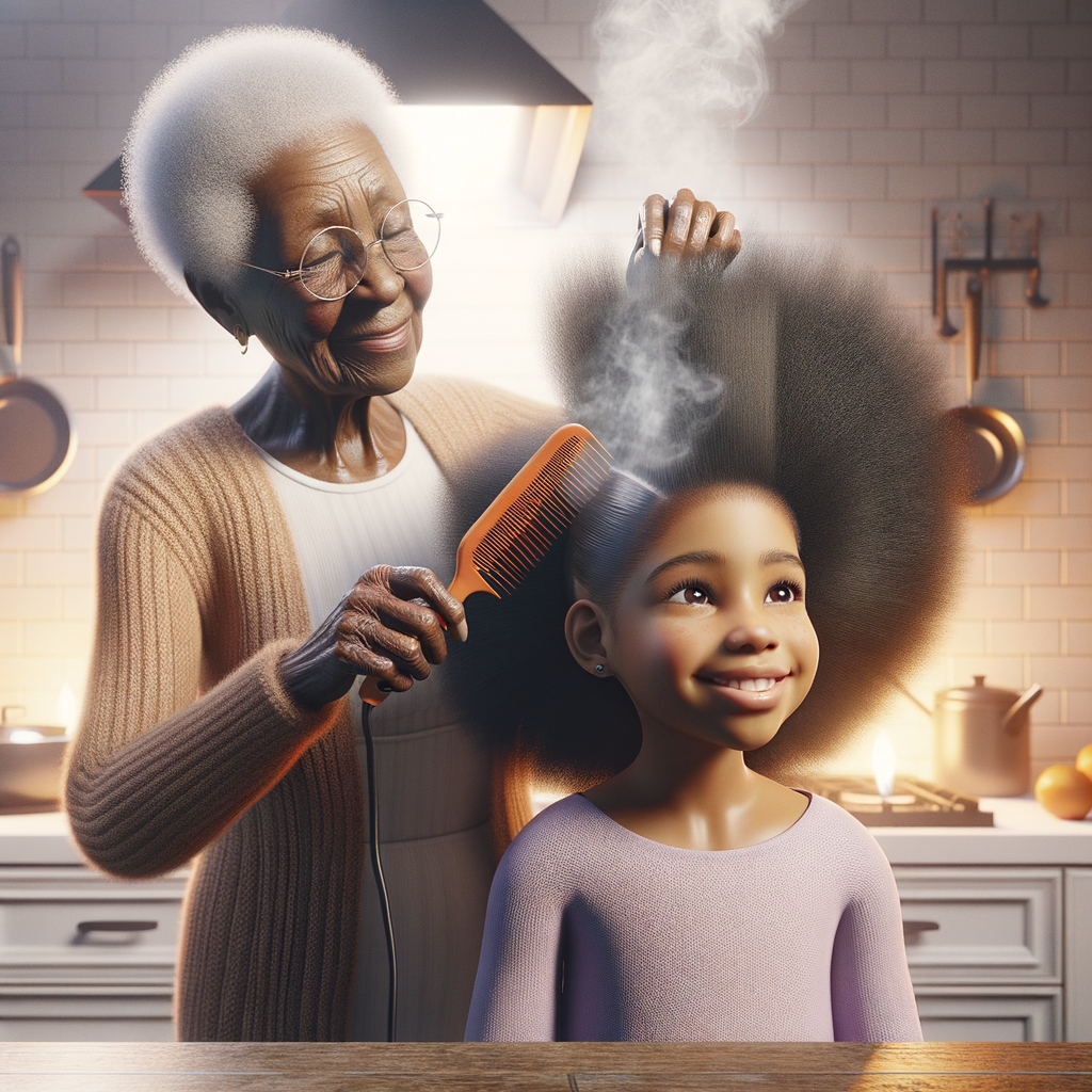 Create a realistic 3-D image of an african-American grandmother in the kitchen with her african-American granddaughter. The grandmother has a hot comb in her hair and she is straightening her granddaughters hair. One side of her granddaughters hair is in  a Afro the other is bone straight 
There is smoke coming from the hot comb