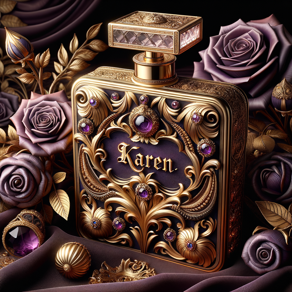 Craft an image of an ornate perfume bottle, with a luxurious design featuring purple roses and intricate gold detailing. At the center of the bottle, include an elegant, raised gold script that spells out the name 'Karen'. The bottle should exude opulence with a jeweled crown-like cap and a background that suggests sumptuousness and sophistication. The script should be harmonious with the lavish design, standing out against the purple and gold palette.