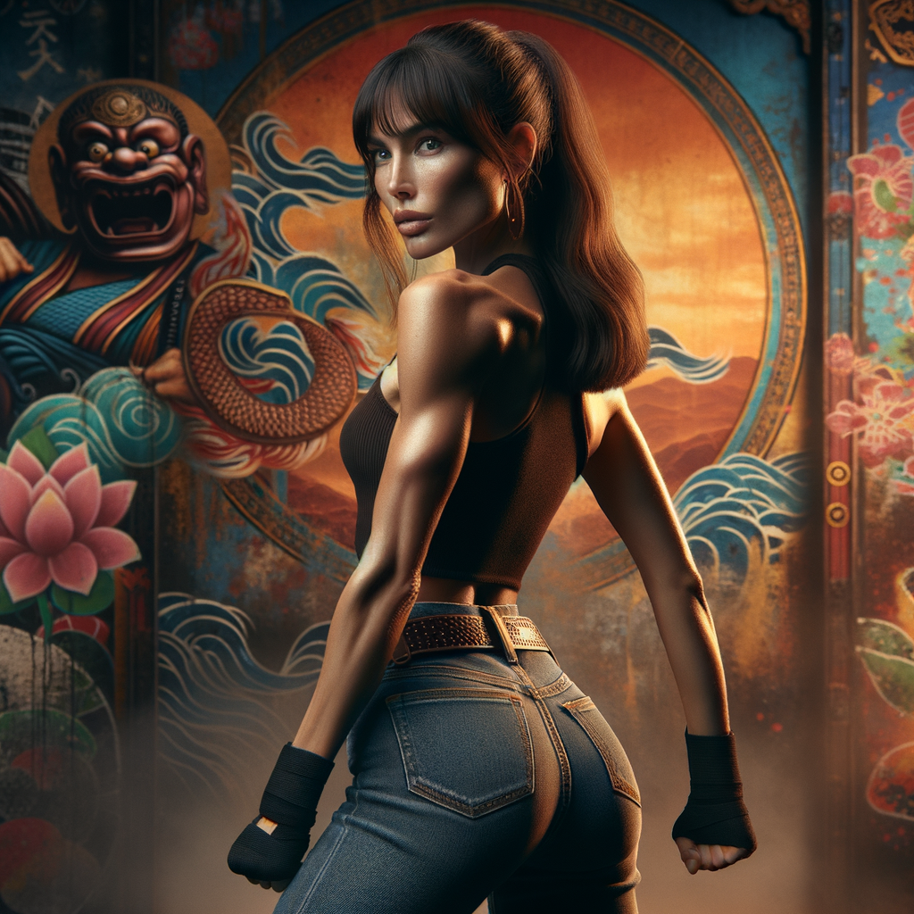 Athletic Thin skinny Attractive, Asian teenage girl, long brown hair and bangs, wearing tight skinny jeans and a halter top paint marks on her clothing, heroic pose Asian graffiti background, backside view