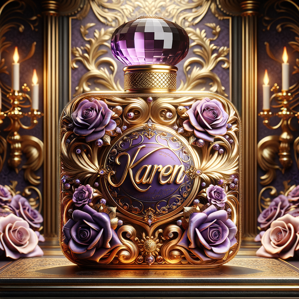 Craft an image of an ornate perfume bottle, with a luxurious design featuring purple roses and intricate gold detailing. At the center of the bottle, include an elegant, raised gold script that spells out the name 'Karen'. The bottle should exude opulence with a jeweled crown-like cap and a background that suggests sumptuousness and sophistication. The script should be harmonious with the lavish design, standing out against the purple and gold palette.