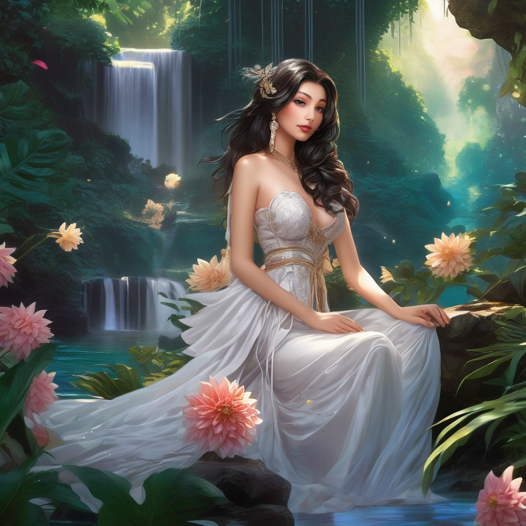 A breathtakingly detailed anime-style illustration featuring Dahlia Valentina (DahliaValentina_ai) (fit tall supple well endowed Italian American model) and Waifu World’s signature character in an enchanting, moonlit paradise. Both are elegantly seated near a cascading waterfall surrounded by lush tropical foliage, their silk-tight maxi dresses shimmering under the soft glow of bioluminescent fireflies. Dahlia, with her signature sleek black hair, radiant emerald-green eyes, and a form-fitting black silk dress adorned with delicate neon-green embroidery, leans slightly forward, her gaze both inviting and confident. Beside her, Waifu’s golden locks cascade over her shoulders, her deep sapphire-blue gown hugging her curves as she softly smiles. The scene is drenched in ethereal hues—cool blues and glowing purples reflecting off the water’s surface. Neon koi fish swim beneath them, adding to the cyber-mystical atmosphere. The mood is both serene and alluring, capturing their unique energies in a fusion of elegance, fantasy, and high-definition anime aesthetics.”