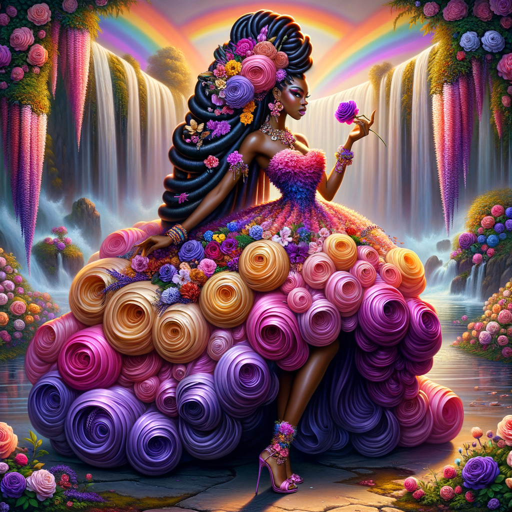 Remix Prompt
S/O Jackie Torres
S/O Panda Locke

create a animated style hyper realistic airbrush whimsical oil painting of a light African American woman wearing a flawless beautiful purple, pink, and gold blossom dress long flowing with colorful flowers and ruffles on the dress colorful jewelry made of flowers she has long black dreadlocks in a bun a colorful rose in her hair her peep toe shoes is matching her dress behind her is a beautiful waterfall liquid glowing lights beautiful colorful rainbow surrounded by beautiful roses.