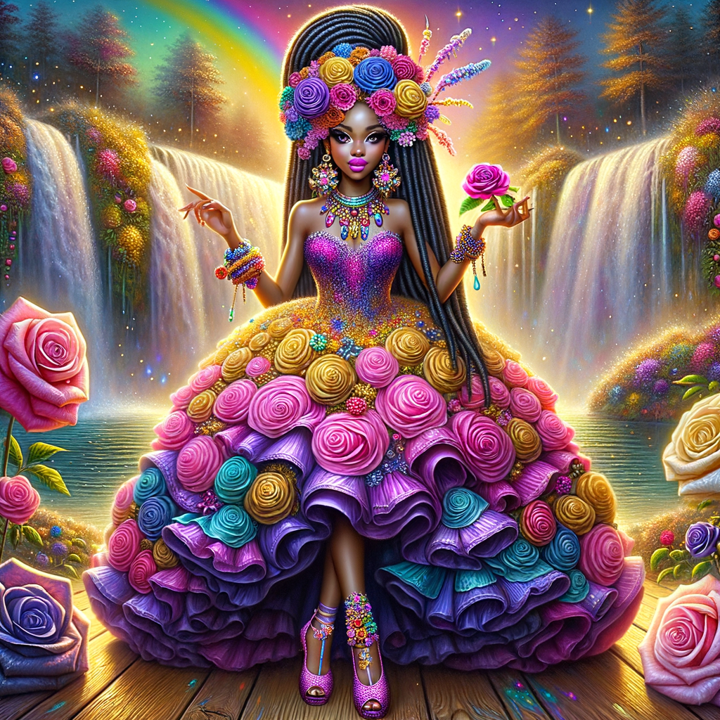 Remix Prompt
S/O Jackie Torres
S/O Panda Locke

create a animated style hyper realistic airbrush whimsical oil painting of a light African American woman wearing a flawless beautiful purple, pink, and gold blossom dress long flowing with colorful flowers and ruffles on the dress colorful jewelry made of flowers she has long black dreadlocks in a bun a colorful rose in her hair her peep toe shoes is matching her dress behind her is a beautiful waterfall liquid glowing lights beautiful colorful rainbow surrounded by beautiful roses.