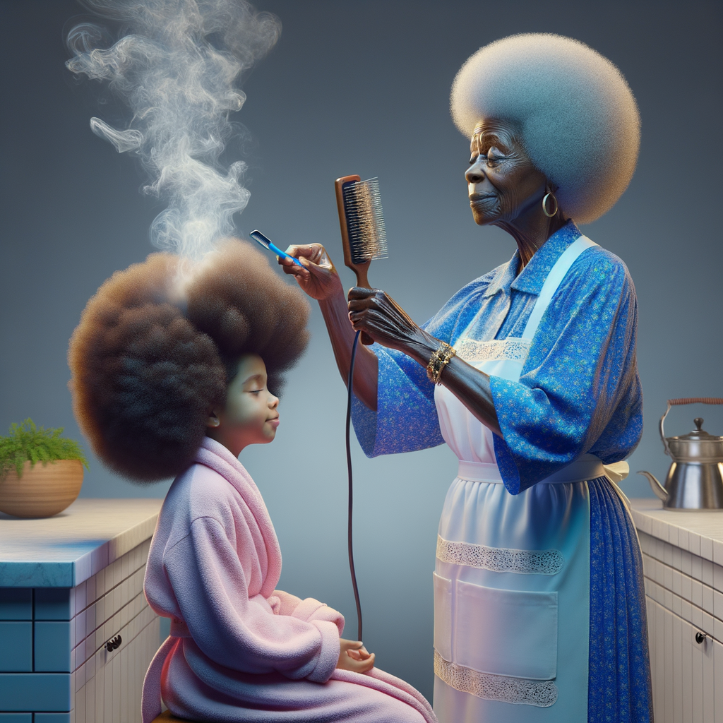 Create a realistic 3-D image of an african-American grandmother wearing a blue house dress and a white apron . She is in the kitchen with her african-American granddaughter. Her granddaughter is wearing a pink bath robe. The grandmother has a hot comb in her hand and she is straightening her granddaughters hair. One side of her granddaughters hair is in  a Afro the other straight 
There is smoke coming from the hot comb
The granddaughter is making a face