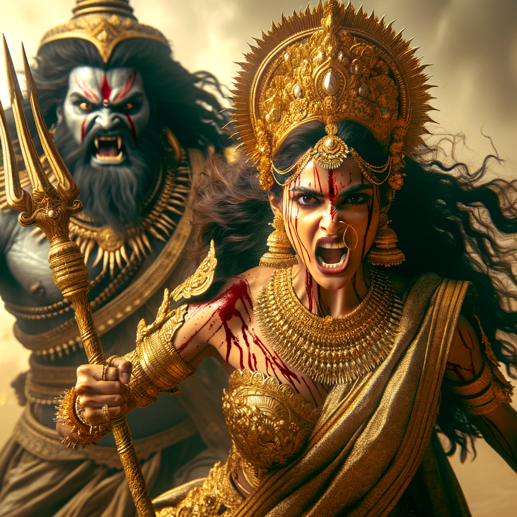 portrait of angry looking, indian goddess lunging at a weak mahishasur with a trident in her hand. She is wearing gold armor, a huge gold crown, gold saree, abundant  gold jewelry, covered in blood. The scene is set in ancient India. The image is 8K resolution, cinematic, photography, ultra detailed face and epic.