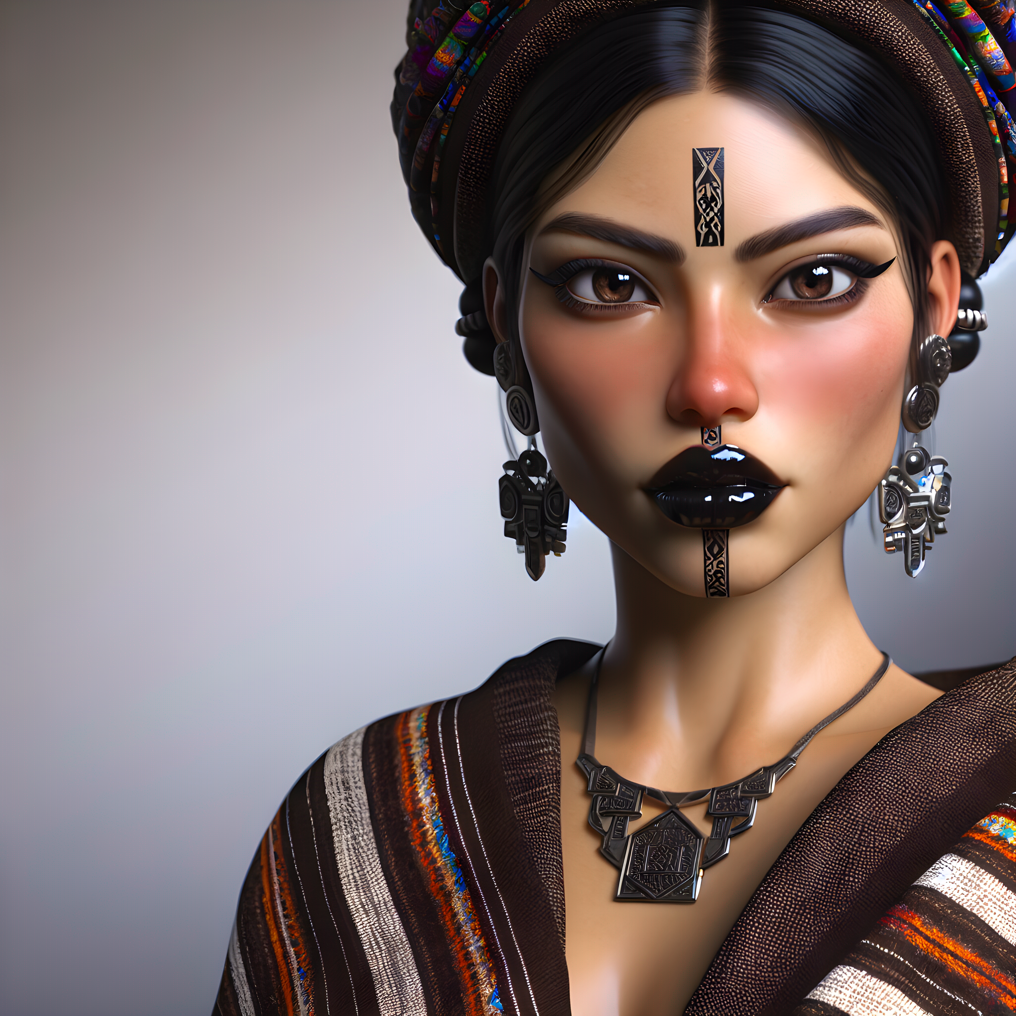 Design a character that blends Aztec, Maya, and Ashkenazi Jewish heritage, characterized by an intelligent expression and captivating presence, with a curvaceous figure and ample bust. Give her glossy black lips and glossy black makeup. Make her topless.