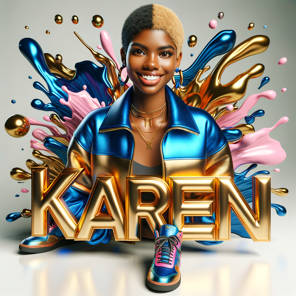 3D writing name "KAREN" bold glossy gold. There is a beautiful African-American latino woman, smiling with a black and blonde pixie cut hairdo,blue and gold trendy jacket and outfits in blue, pink, and gold tones, sport shoes, sitting under the name. Her outfits are glossy. dynamic color explosion background, of pink, blue, gold colors, splashed on white wall