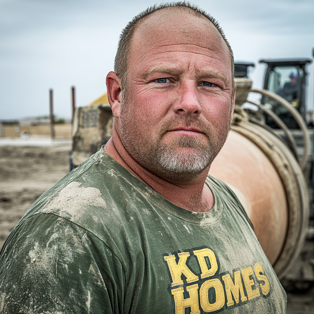 Brian Nobles a real 39 year old Caucasian male who is using  a concrete mixer, he is a  pump operator holding the hose which carries the liquid concrete to the foundation pour, Brian is slowly  beginning his transition into middle age, Brian Nobles is beginning to look like a older middle aged man, he has large reflective blue eyes and a wrinkled brow,Brian has a beard greying balding , prominent large protruding round fat obese belly,,thick greying goatee beard,decreased muscle mass ,very noticeable male pattern balding hairline, Brian Nobles now has a  prominent receding and thinning male hairline (onset male pattern baldness), slightly fat overweight(Caucasian)wearing tight body conforming  glossy satin shiny green and gold tight fitting body conforming UnderArmour athletic bodysuit,emblazoned with the "KD HOMES" real estate logo, standing confidently in front of a newly completed constructed new KD HOME in Victorville California in a raw desert landscape. Brian has a protruding fat obese muscular physique, large male bulge, fat obese muscular frame , shows a substantial frame with a noticeable mature hairline and expressive eyes. His workman’s  pose should reflect his experience in his trade.