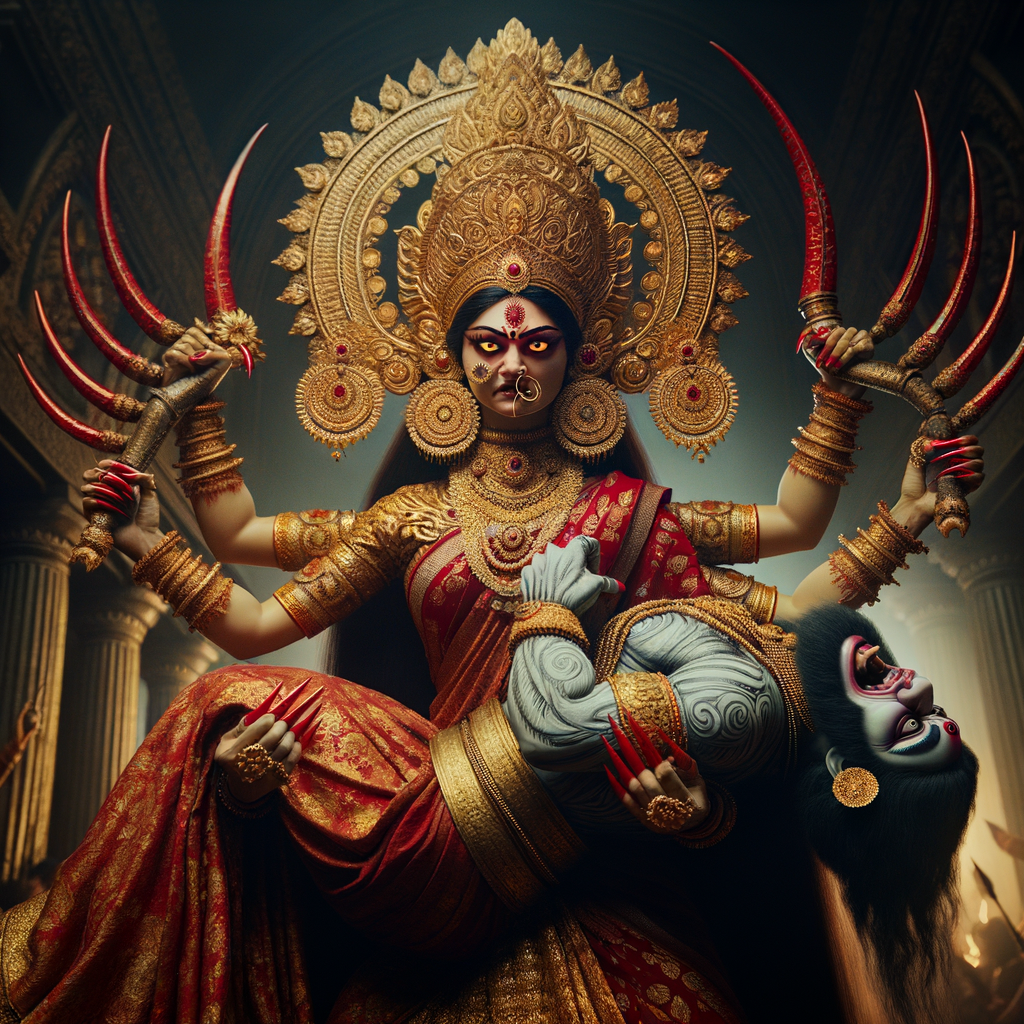 portrait of angry looking goddess durga  carrying a chubby mahishasur in her arms and poking him with her amazingly long red fingernails. She is wearing a huge gold crown, red saree, abundant  gold jewelry, covered in blood. The scene is set in ancient India. The image is 8K resolution, cinematic, ultra detailed face and epic.