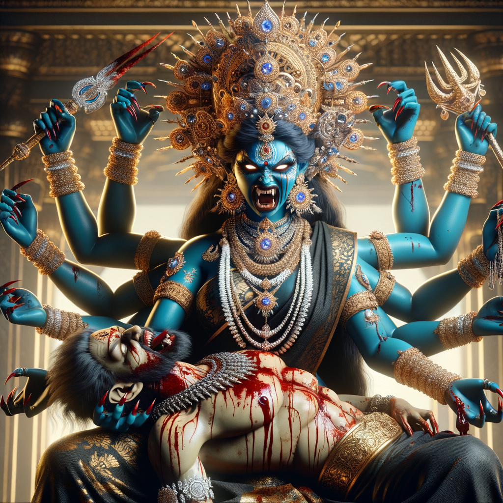 portrait of angry looking, four-armed indian goddess blue skinned sitting on a gold crown and carrying a weak mahishasur on her lap and poking his abdomen with her amazingly long red fingernails . She is wearing diamond armor, a huge diamond crown, black saree, abundant  diamond jewelry, covered in blood. The scene is set in ancient India. The image is 8K resolution, cinematic, photography, ultra detailed face and epic.