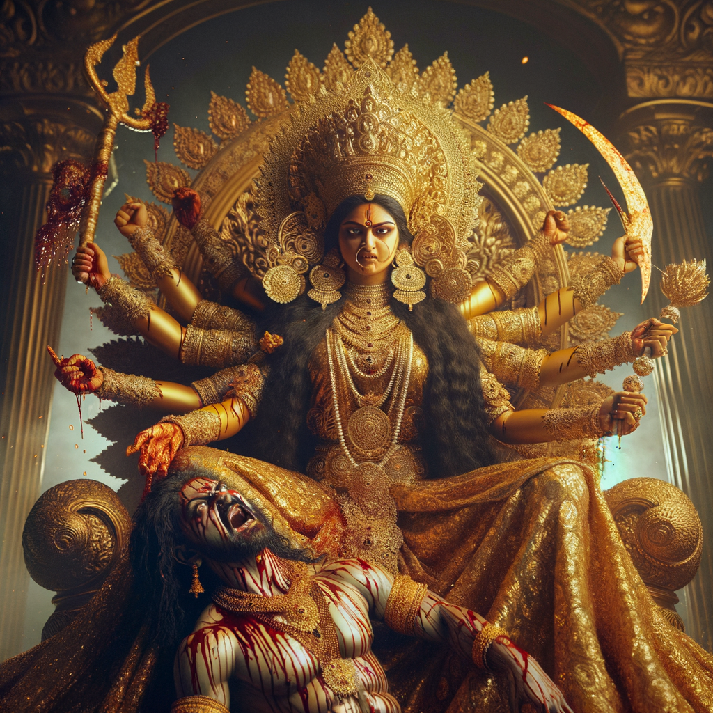 portrait of angry looking goddess durga sitting on a gold crown and carrying a weak mahishasur on her lap and she is stabbing his belly  with her amazingly long fingernails. She is wearing gold armor, a huge gold crown, gold saree, abundant  gold jewelry, covered in blood. The scene is set in ancient India. The image is 8K resolution, photography, cinematic, ultra detailed face and epic