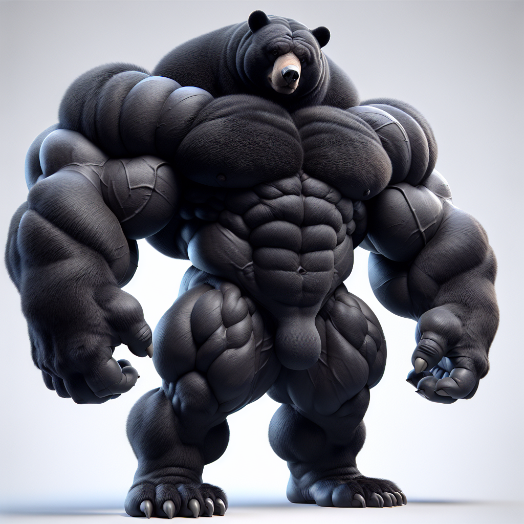 Big fat strong black bear-like character with massive pecs arms and thighs