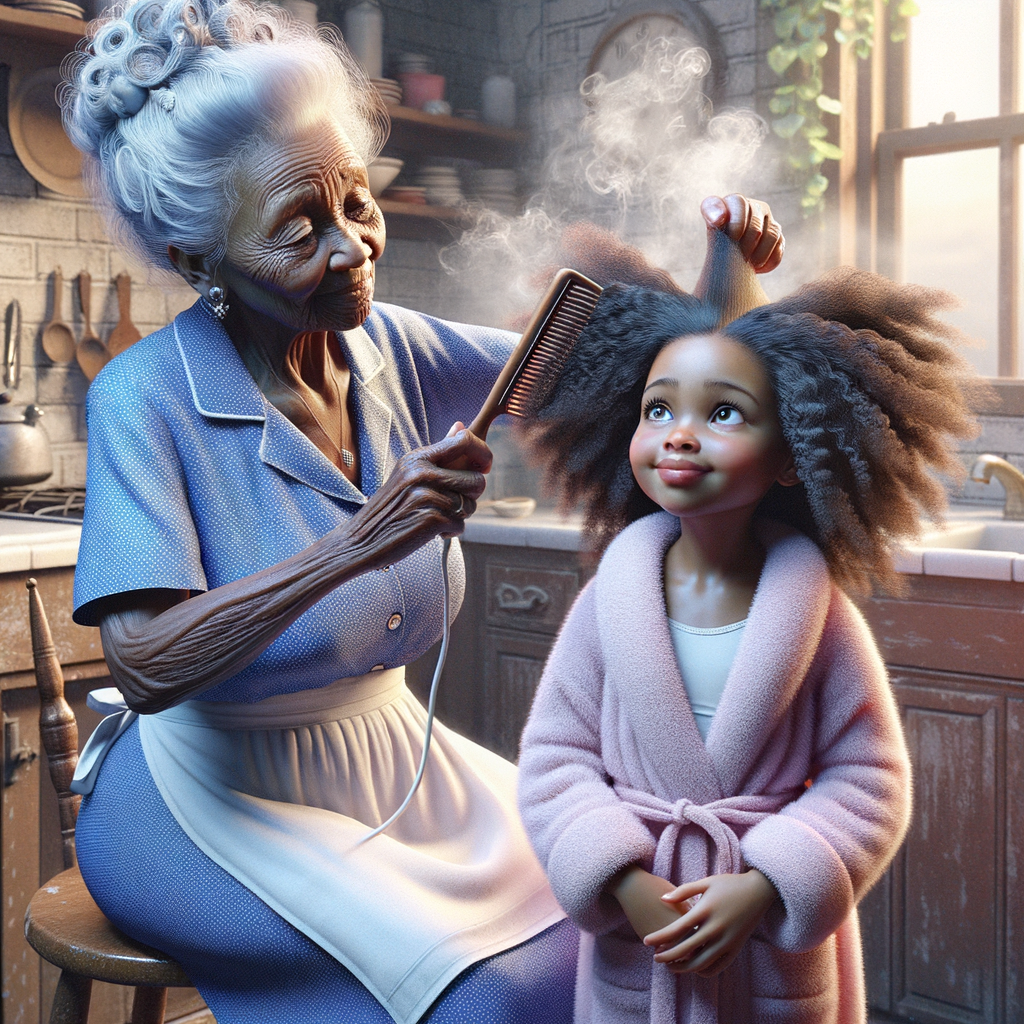 Create a realistic 3-D image of an african-American grandmother wearing a blue house dress and a white apron . She is in the kitchen with her african-American granddaughter. Her granddaughter is wearing a pink bath robe. The grandmother has a hot comb in her hand and she is straightening her granddaughters hair. One side of her granddaughters hair is in  a Afro the other straight 
There is smoke coming from the hot comb
The granddaughter is making a face