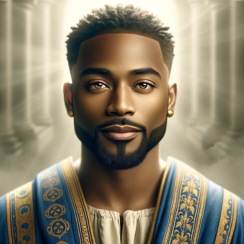 Create handsome African-American, Jesus, with Hazel Brown eyes wearing a blue and gold robe