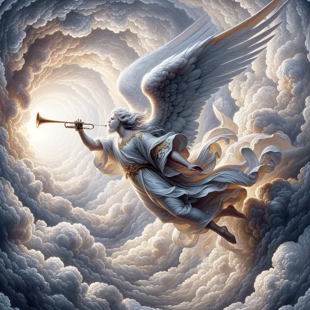 Create an image of an arc angel, blowing his trumpet coming in the clouds