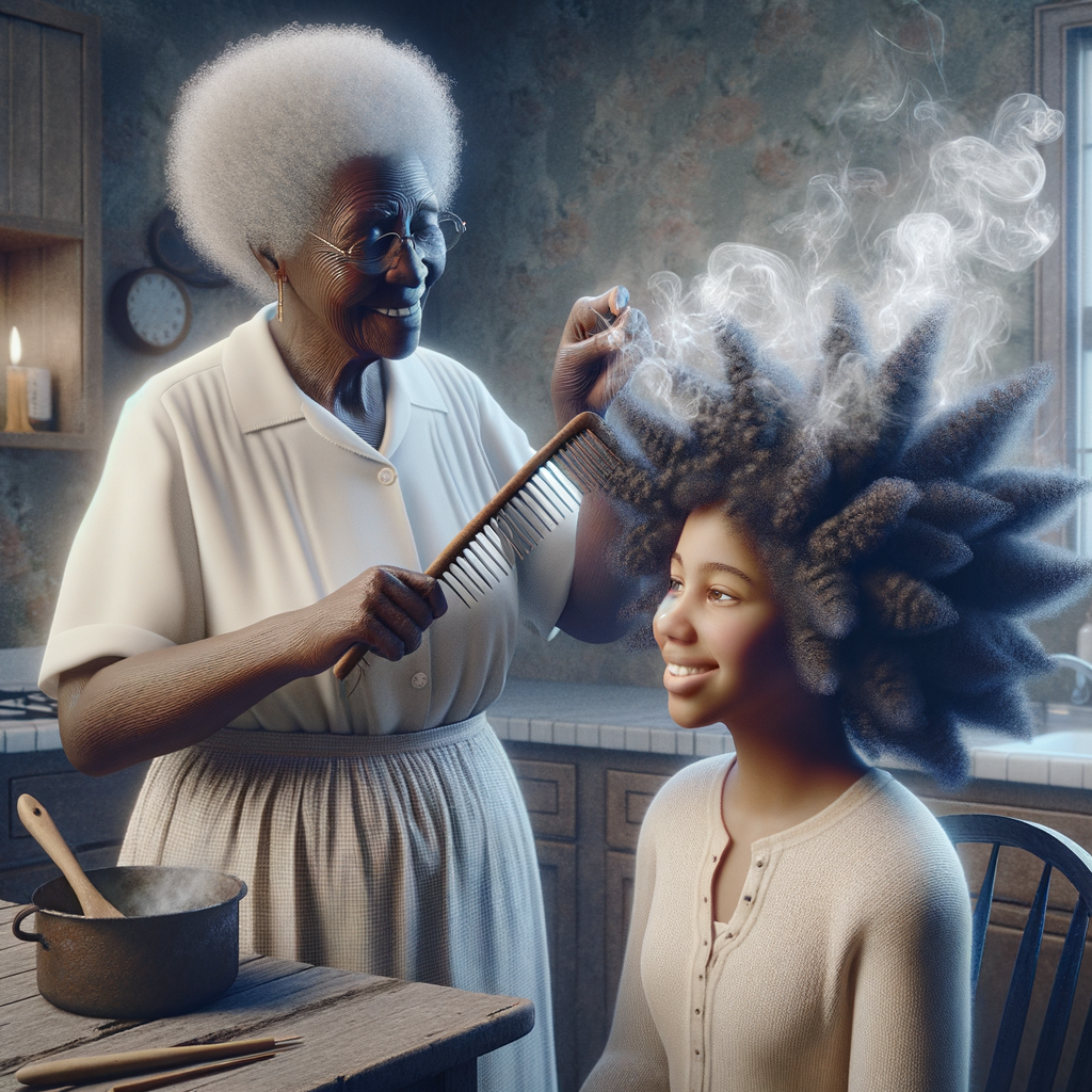 Create a realistic 3-D image of an african-American grandmother in the kitchen with her african-American granddaughter. The grandmother has a hot comb in her hair and she is straightening her granddaughters hair. One side of her granddaughters hair is in  a Afro the other is bone straight 
There is smoke coming from the hot comb