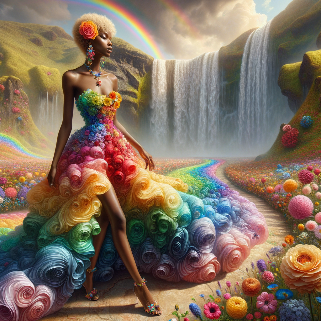 Remix Prompt
S/O Jackie Torres
S/O Panda Locke

create a animated style hyper realistic airbrush whimsical oil painting of a light skin African American woman wearing a flawless beautiful colorful blossom dress long flowing with colorful flowers and ruffles on the dress colorful jewelry made of flowers she has black and blonde pixie cut a colorful rose in her hair her peep toe shoes is matching her dress behind her is a beautiful waterfall liquid glowing lights beautiful colorful rainbow surrounded by beautiful roses.