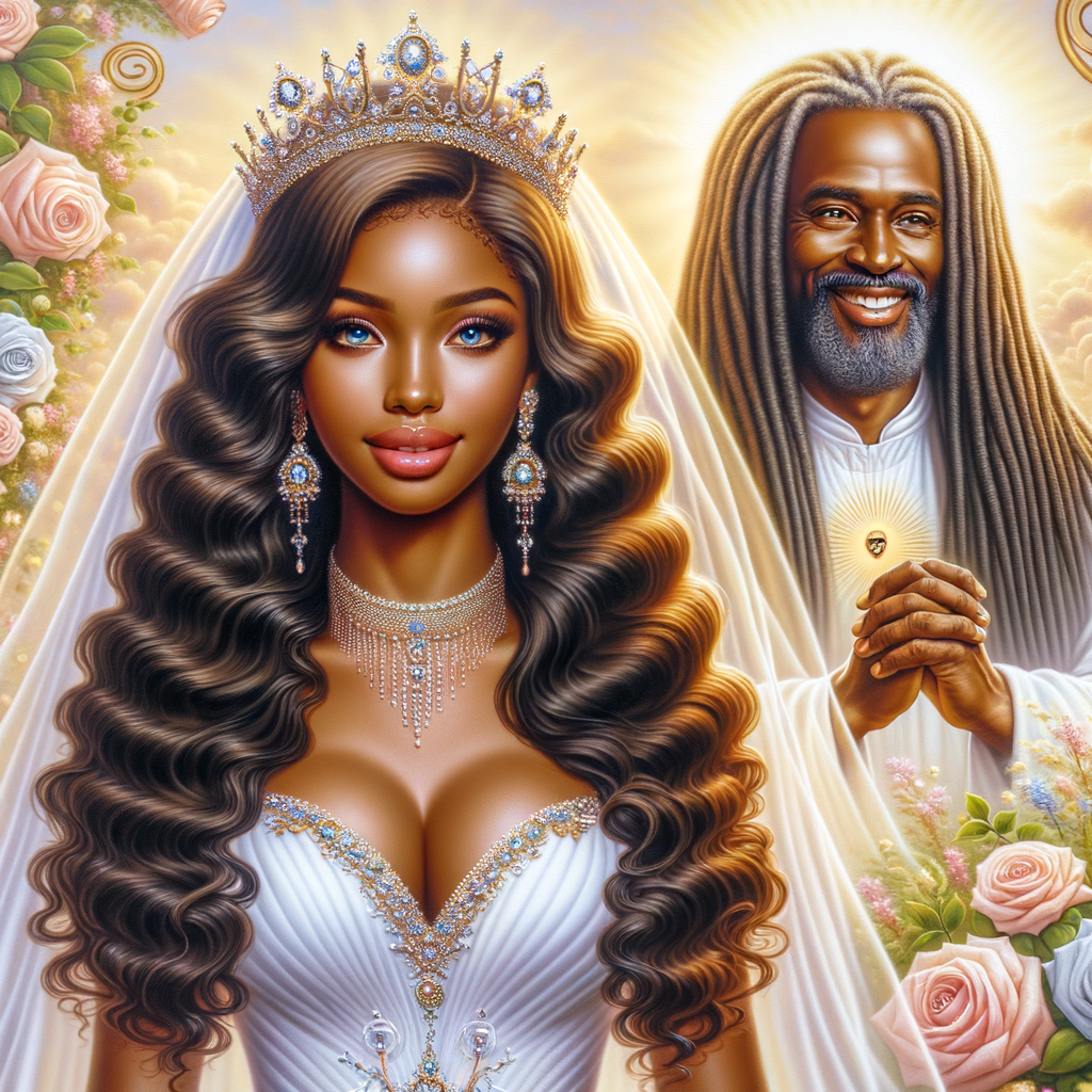 Create a 3-D realistic oil, painting of a beautiful African-American bride. She has long flooring, wavy hair and her gown has beautiful jewels around the neckline. in the background there is a beautiful African-American Jesus Christ with long dreadlocks, and he is smiling. He is very handsome pastel flowers throughout the image.