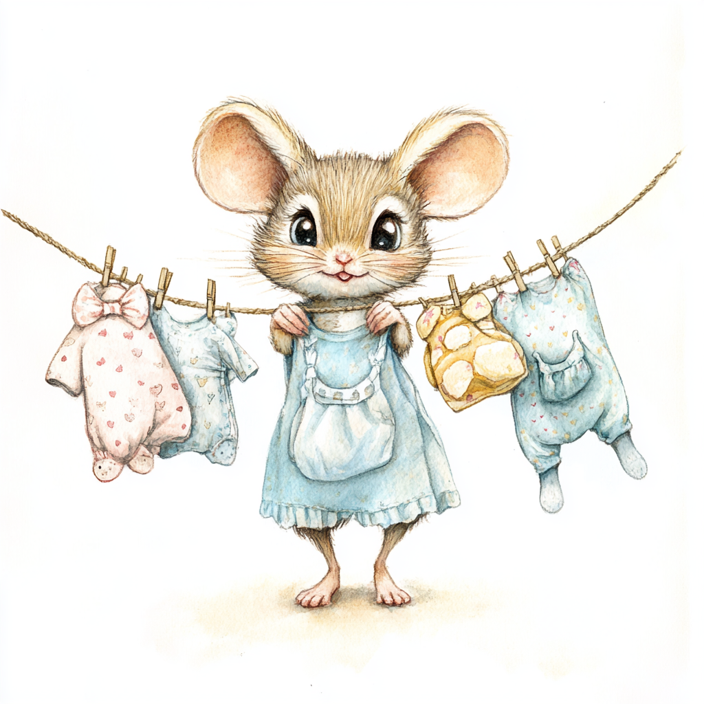 Cute mouse with expressive eyes, hanging laundry on a line which has lots of baby clothing hanging off it on clothing pins. She is adorable and has 2 little baby mice hanging from the line wrapped in blankets. Style is watercolor, with pencil outlines.