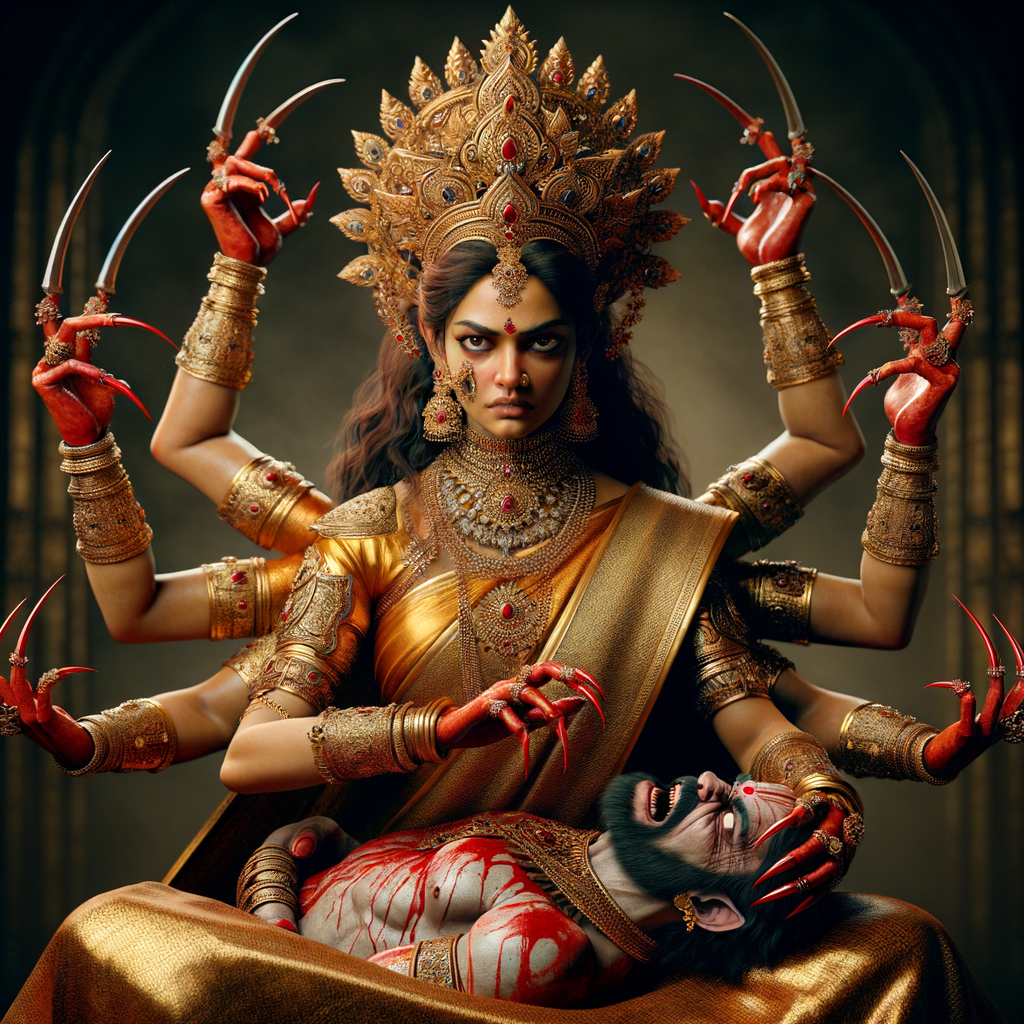 portrait of angry looking, four-armed indian goddess  sitting on a gold crown and carrying a weak mahishasur on her lap and poking his abdomen with her two hands with amazingly long red fingernails . She is wearing gold armor, a huge gold crown, gold saree, abundant  gold jewelry, covered in blood. The scene is set in ancient India. The image is 8K resolution, cinematic, photography, ultra detailed face and epic.