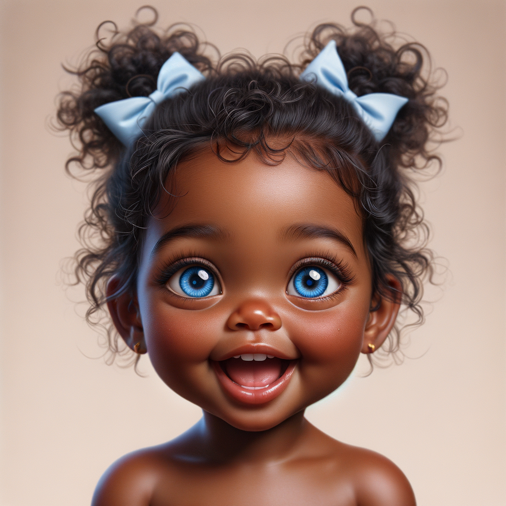 "Create a digital portrait of an adorable african-American baby girl with a joyful expression. Her big, bright blue eyes are wide with wonder, and her tiny mouth is shaped in a happy grin. Her skin has a warm, honey-brown tone, and she has an abundance of curly black hair, playfully tied up with light blue bows. The background is soft and neutral to keep the focus on her delightful features. The portrait should be vibrant and heartwarming, celebrating the innocence and charm of childhood."