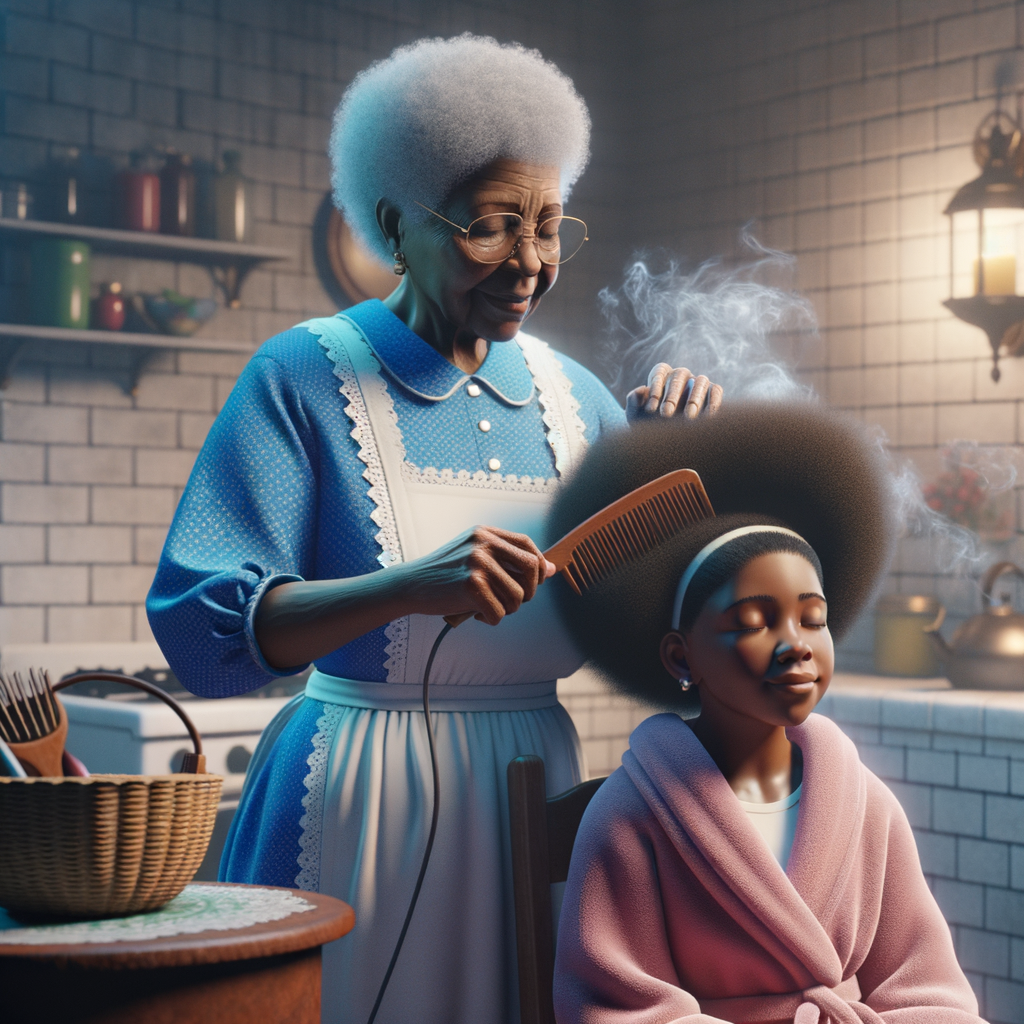 Create a realistic 3-D image of an african-American grandmother wearing a blue house dress and a white apron . She is in the kitchen with her african-American granddaughter. Her granddaughter is wearing a pink bath robe. The grandmother has a hot comb in her hand and she is straightening her granddaughters hair. One side of her granddaughters hair is in  a Afro the other straight 
There is smoke coming from the hot comb
The granddaughter is making a face as if to say grandma that hurt